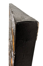 An abstract, vertical-oriented canvas painting featuring a dark background layered with highly textured, horizontal bands. The composition alternates between solid black strips and dense, speckled white-and-grey patterns that resemble static or stone texture. Splattered across the surface are energetic drips, lines, and splotches of bright yellow, stark white, and grey paint, creating a chaotic yet rhythmic sense of movement overlaying the geometric structure underneath.
