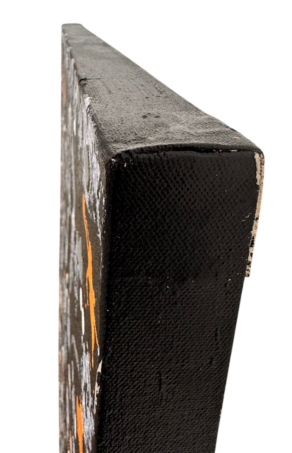 An abstract, vertical-oriented canvas painting featuring a dark background layered with highly textured, horizontal bands. The composition alternates between solid black strips and dense, speckled white-and-grey patterns that resemble static or stone texture. Splattered across the surface are energetic drips, lines, and splotches of bright yellow, stark white, and grey paint, creating a chaotic yet rhythmic sense of movement overlaying the geometric structure underneath.