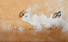A vertical abstract work on a weathered gold-leaf panel. The upper section features bold, dark red calligraphic symbols resembling distorted kanji or script. Below, delicate, dotted white lines wind through the composition like strings of pearls or constellations. A slender, vertical form in vibrant red stands on the right, while muted, smoky-grey washes of paint ground the bottom of the piece.