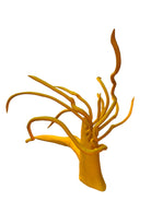 A bright yellow abstract sculpture depicting a calamari with a thick base and several thin, curving, branch-like extensions.