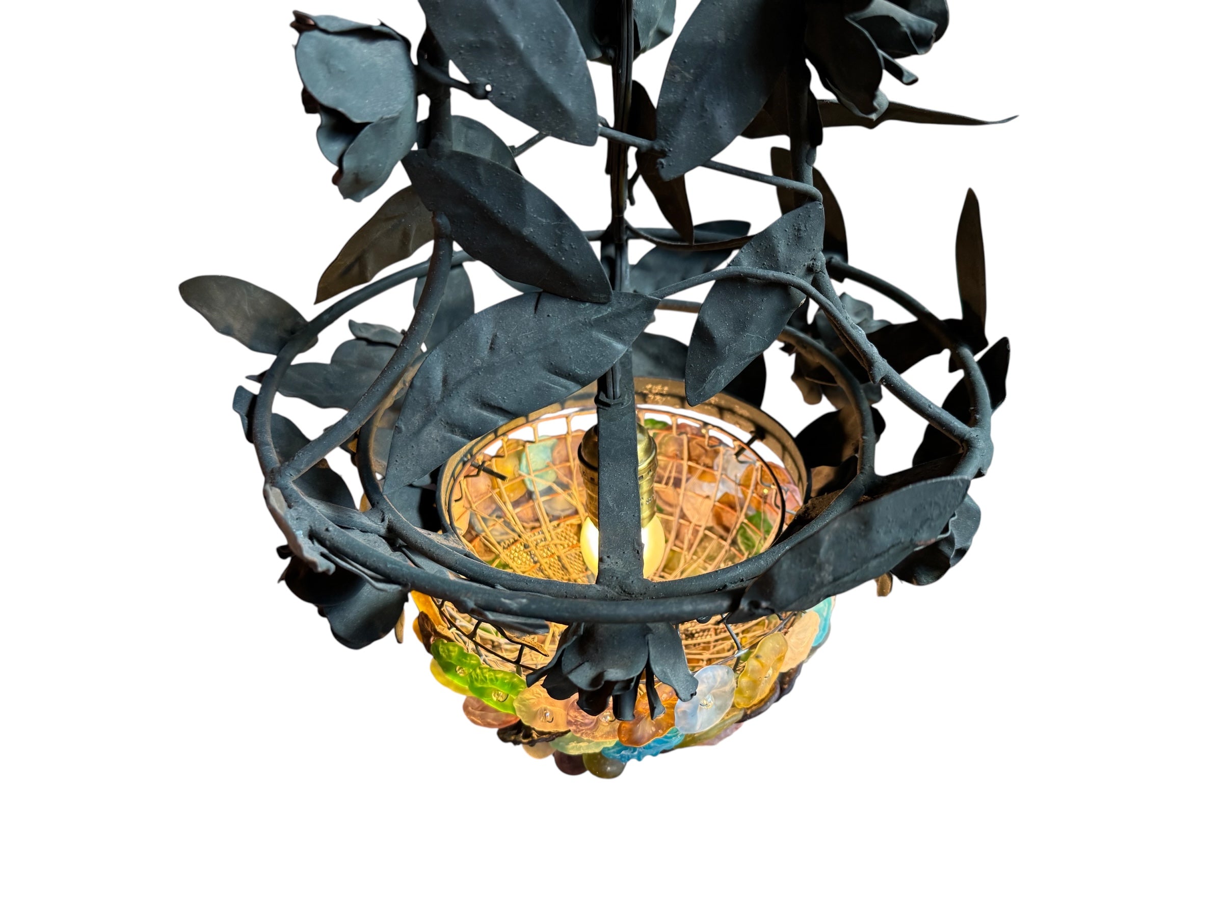 Toleware Lighting Fixtures, Chandelier, Vine shape, glass floral accents, metal, multicolored frosted glass, tole light