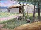 The artwork is a painting on porcelain plaque, titled "Chickens Foraging in a Barn Yard" by the American artist Paul E. Harney Jr. (1850-1915). It is housed in an ornate, gilt frame. The painting depicts a rural scene with several chickens on a grassy ground near a small structure with a thatched roof and a white picket fence in the background
