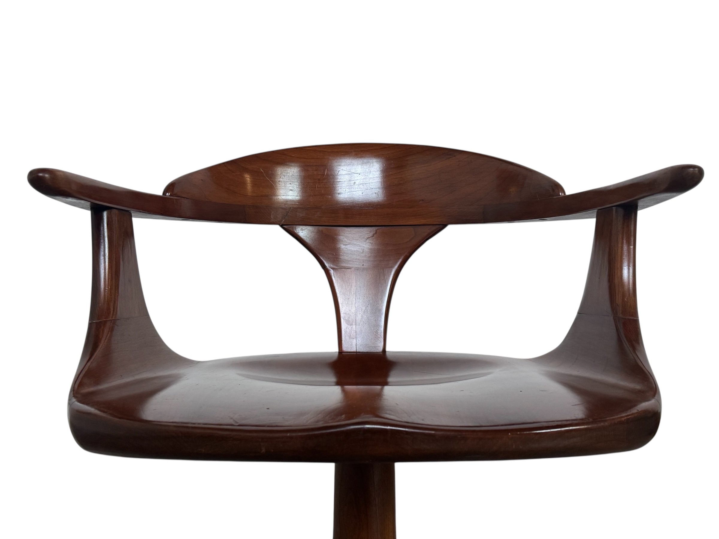 Mid-century modern Cliff House dining chair by Heywood Wakefield, cherry wood with black base.