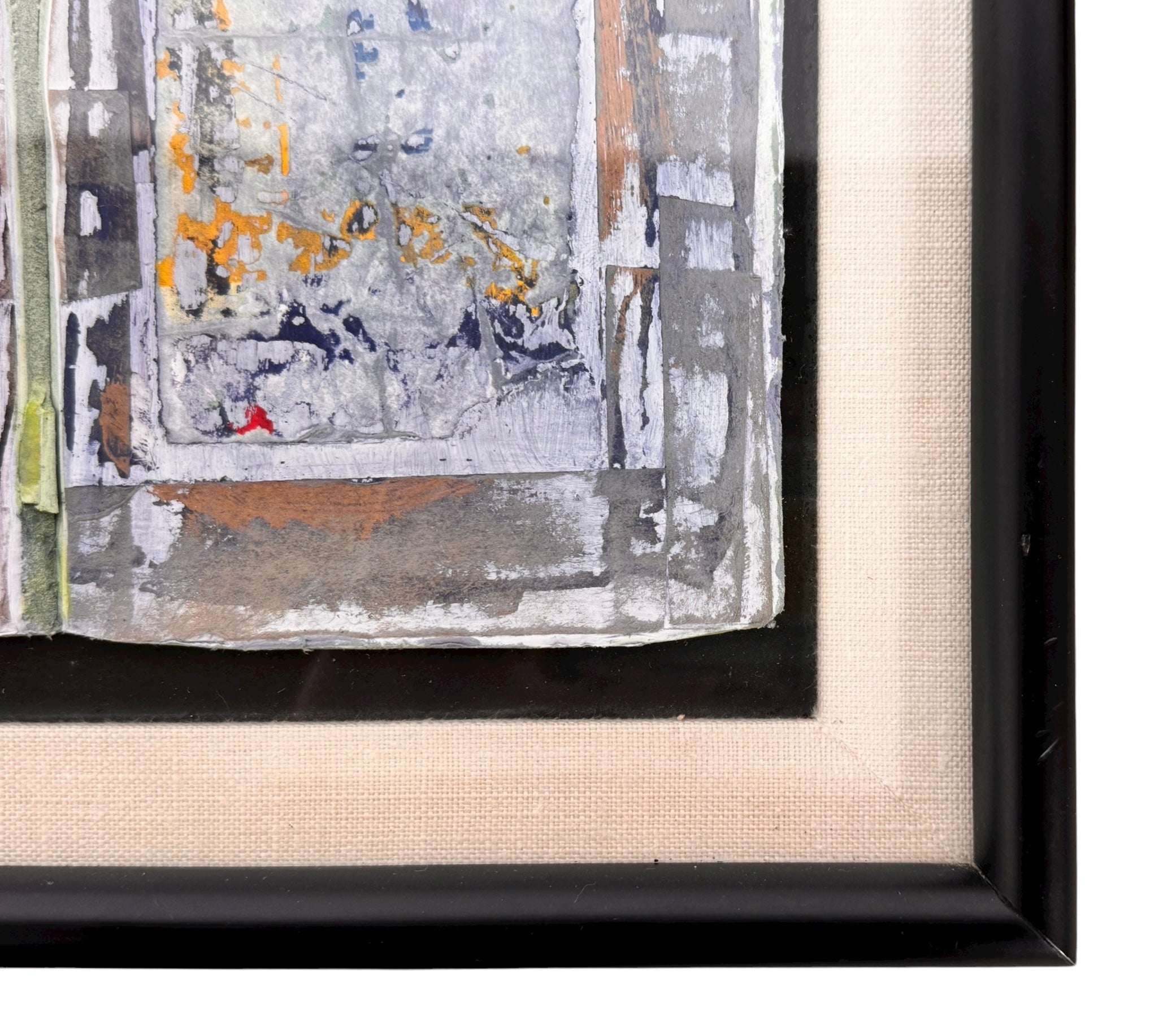 Framed mixed media artwork, 'No. 5' by Sherwin Skynear, 2000. Features abstract textured panels resembling an open book with a gray, white, and subtle colored palette.