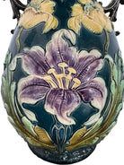 French Art Nouveau Faience Glazed Vases with flower motifs, and thorny wood handles