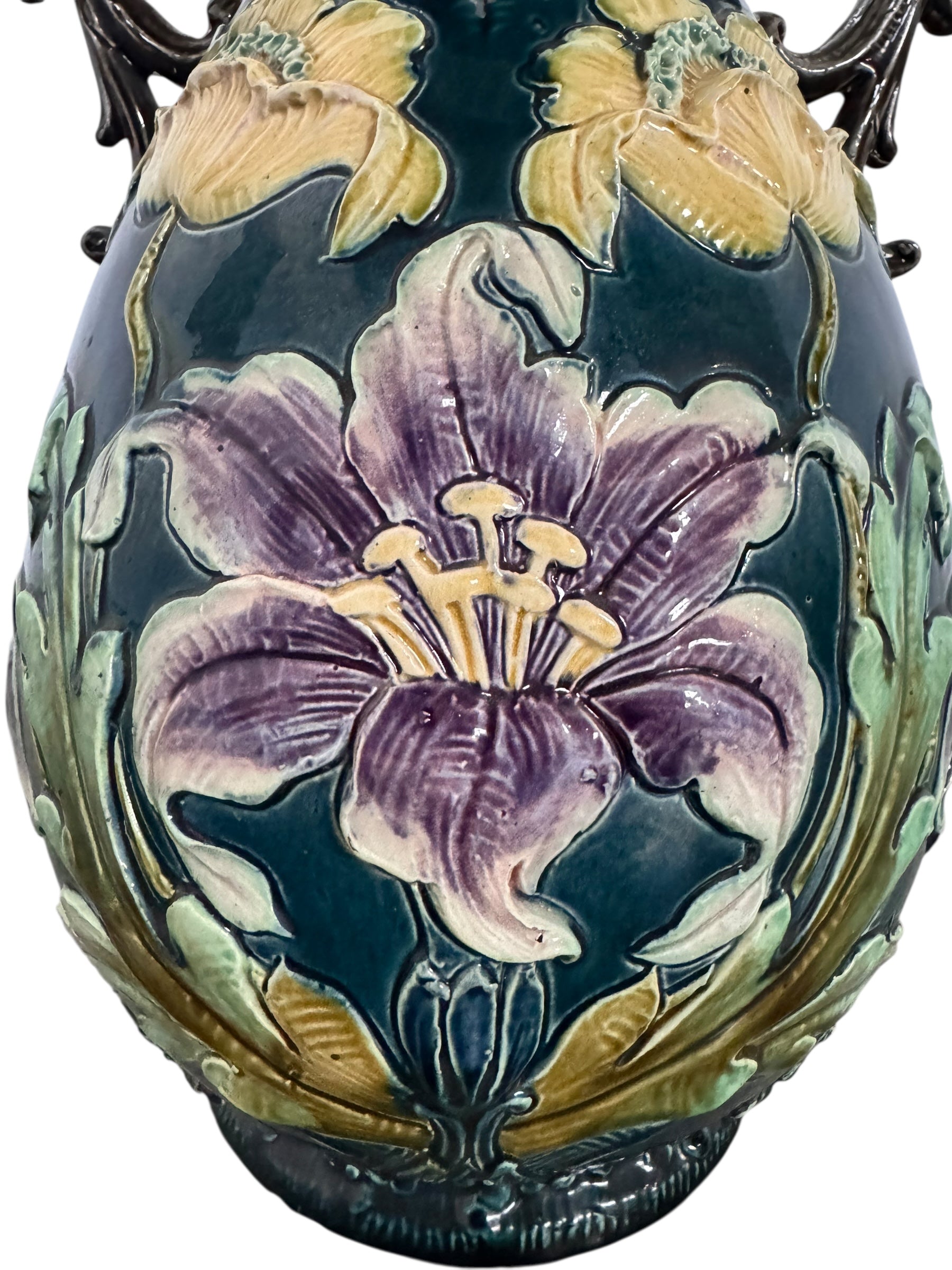 French Art Nouveau Faience Glazed Vases with flower motifs, and thorny wood handles