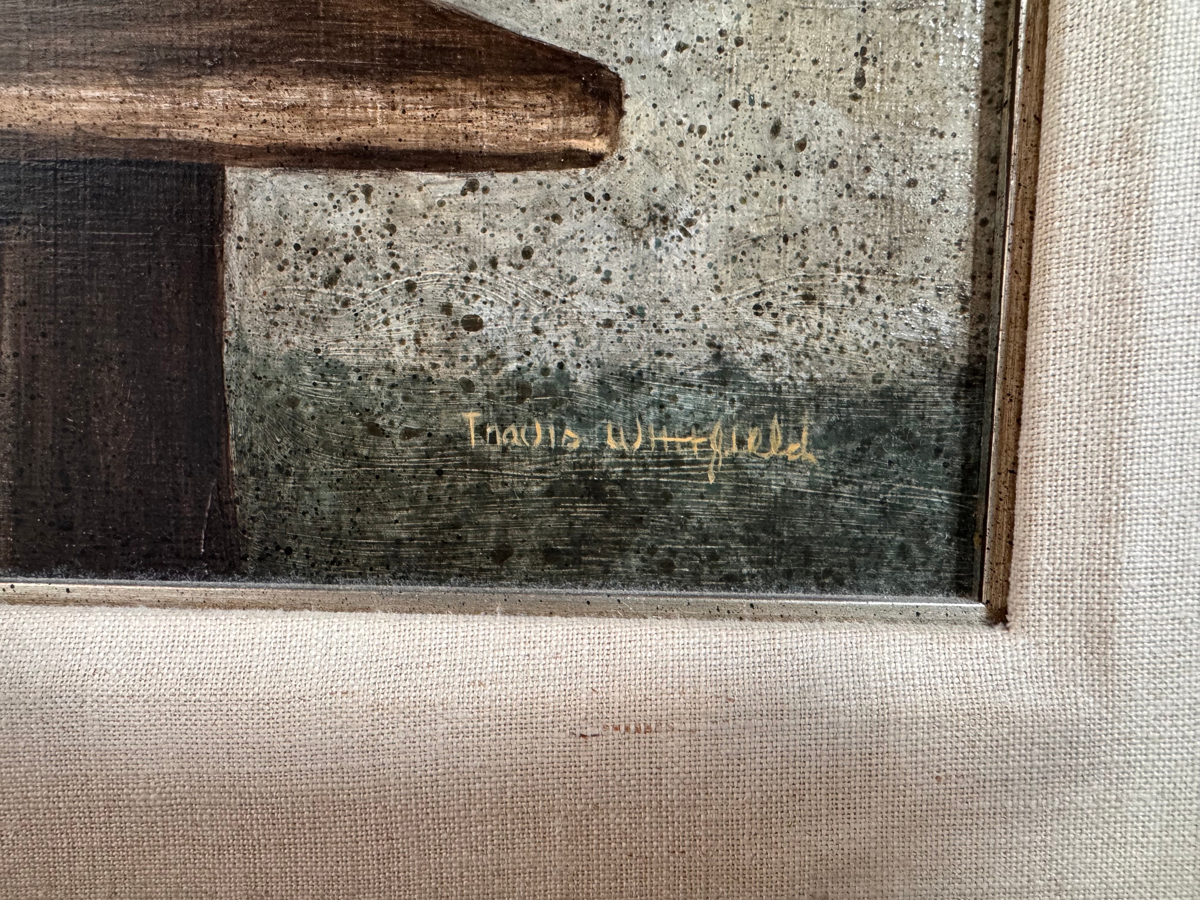 A realistic painting of a rustic interior scene by Travis Whitfield. A duck sits inside a woven basket on a dark wooden table with a single drawer. A French horn hangs on the light blue and white log wall behind the table. A multi-pane window on the left side of the painting shows an outdoor view. 