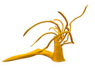 A bright yellow abstract sculpture depicting a calamari with a thick base and several thin, curving, branch-like extensions by Lee Littlefield