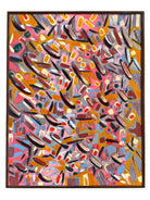 An abstract painting titled 'Cascade of Gold and Pink' by Robert Wymer, framed in dark wood. The artwork features a vibrant pink background densely covered with a dynamic arrangement of multi-directional, oblong, and dash-like brushstrokes in gold, red, blue, gray, white, and black.