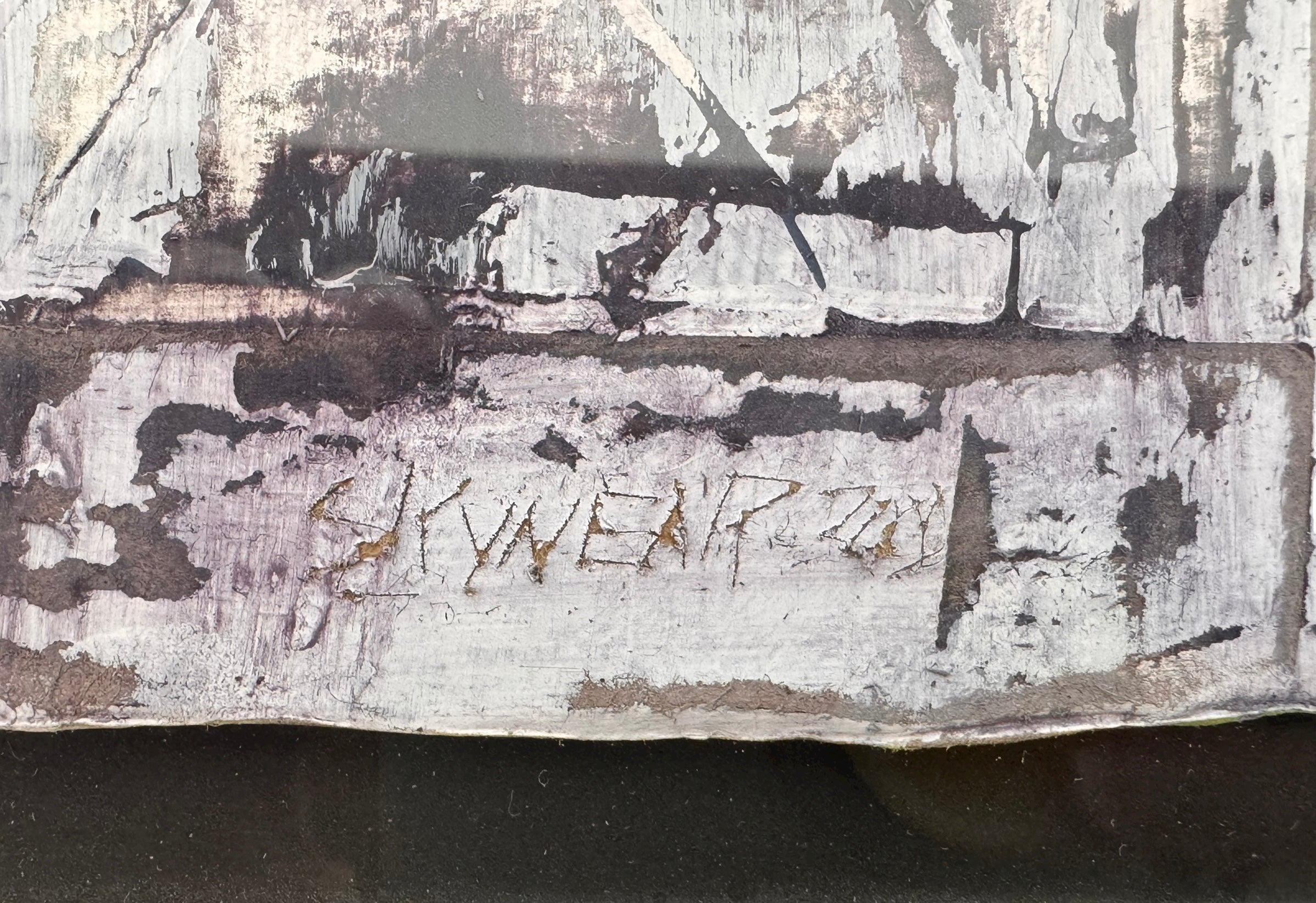 Framed mixed media artwork, 'No. 5' by Sherwin Skynear, 2000. Features abstract textured panels resembling an open book with a gray, white, and subtle colored palette.