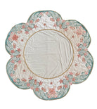 A round, cream-colored tablecloth featuring a dramatic, scalloped border shaped like six large flower petals. The border is intricately embroidered with a coastal motif including pink starfish, seashells, and teal-blue swirling waves. Gold beaded accents line the inner circular seam and the outer edges.
A long, narrow cream runner with matching scalloped, wavy edges. It is adorned with the same nautical embroidery of pink starfish and seashells scattered across the center and concentrated along the edge.