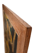 An abstract mixed media painting, titled "Summer Landscape" by Elsa Warner, featuring a dynamic composition of fragmented geometric and organic shapes in vibrant yellow, black, and earthy brown tones. 