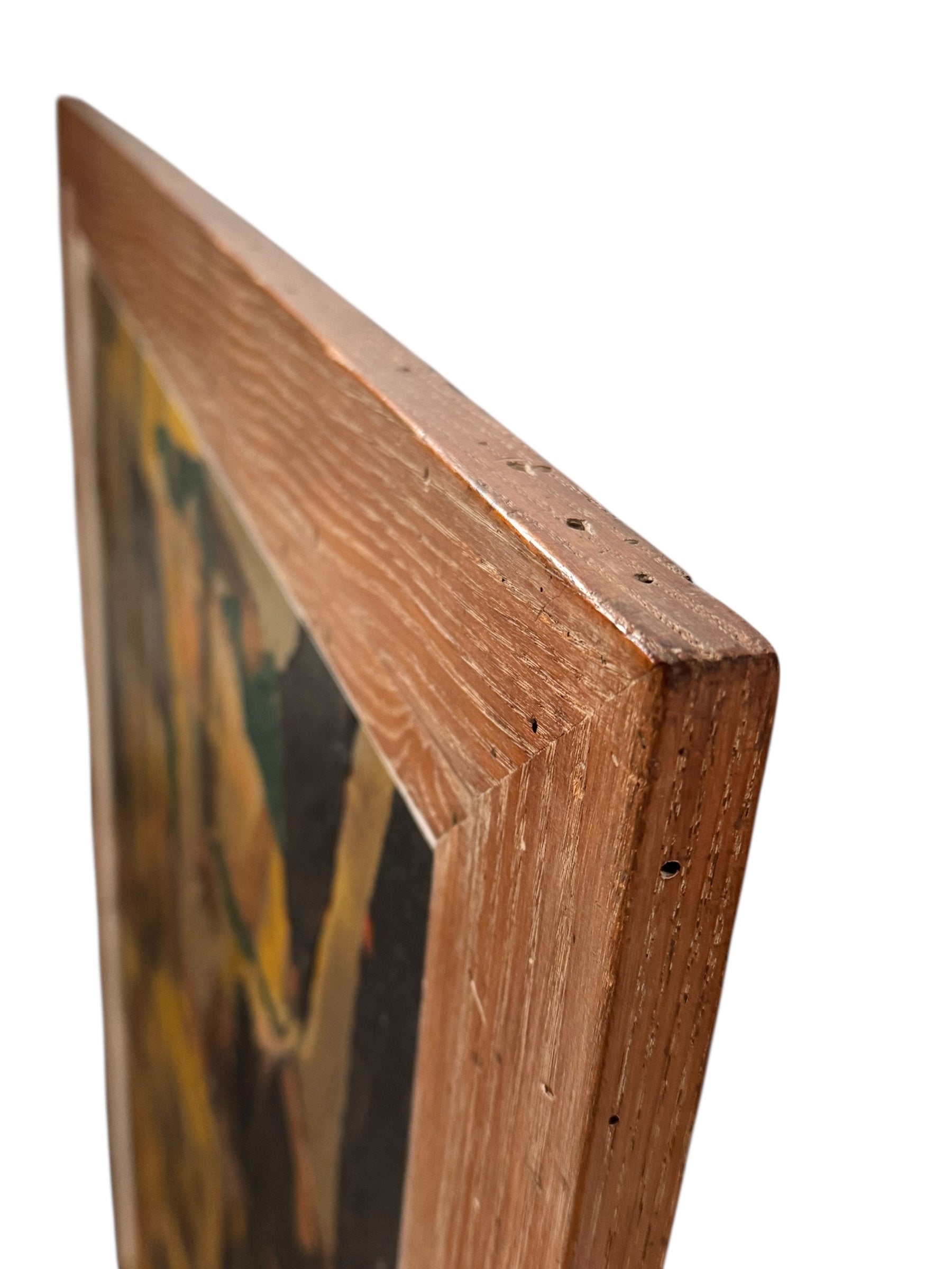 An abstract mixed media painting, titled "Summer Landscape" by Elsa Warner, featuring a dynamic composition of fragmented geometric and organic shapes in vibrant yellow, black, and earthy brown tones. 