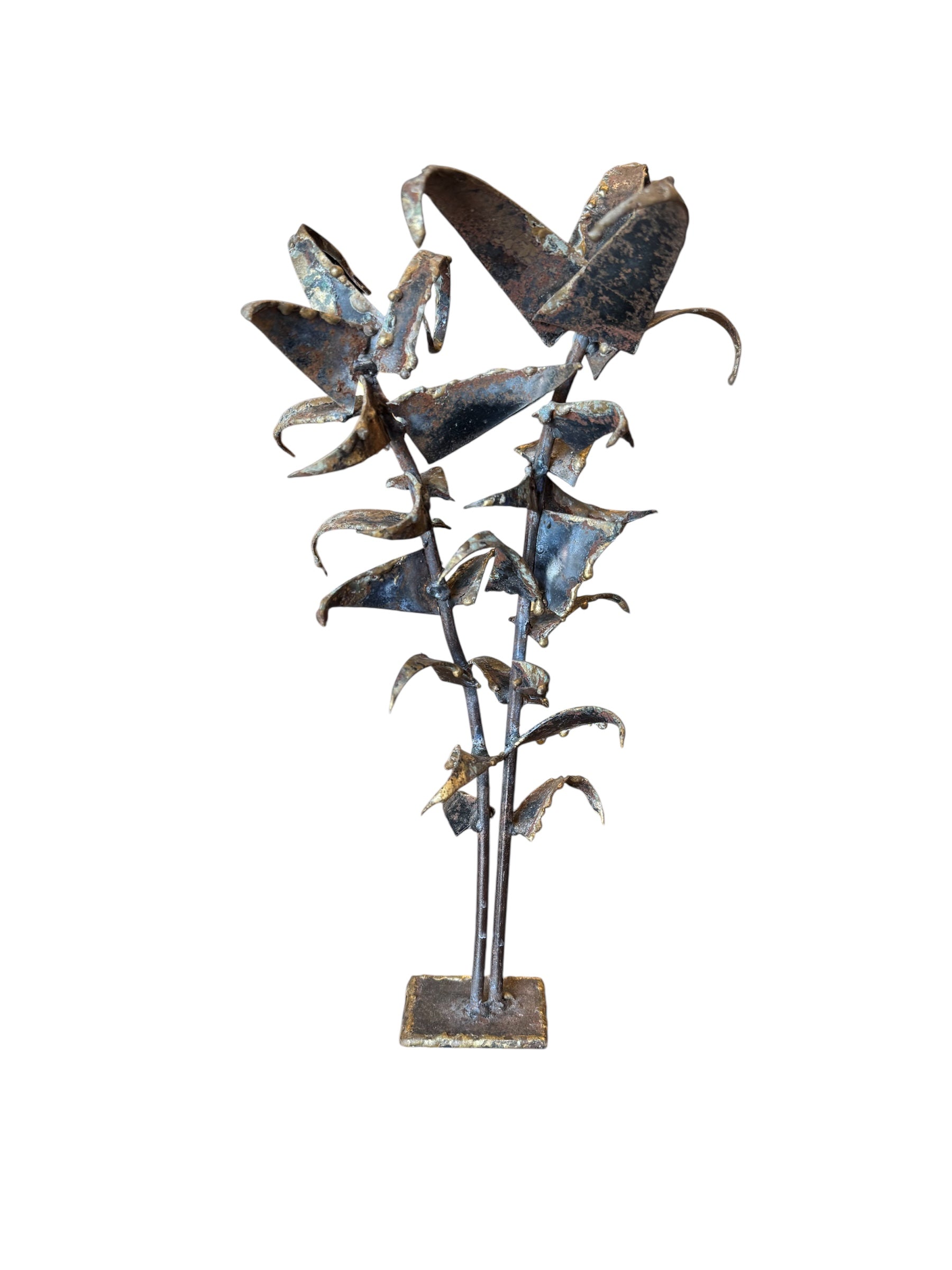Mid-century Brutalist sculpture made of brass and bronze, depicting a stylized plant with textured, oxidized surfaces.