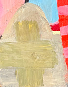 David Alysworth ‘Interfering Friends May Frown’ abstract oil painting in a brightly colored, abstract acrylic painting on canvas by depicting a landscape using thick, bold strokes of light blue, pink, orange, green, black, and brown a black wooden lacquered frame