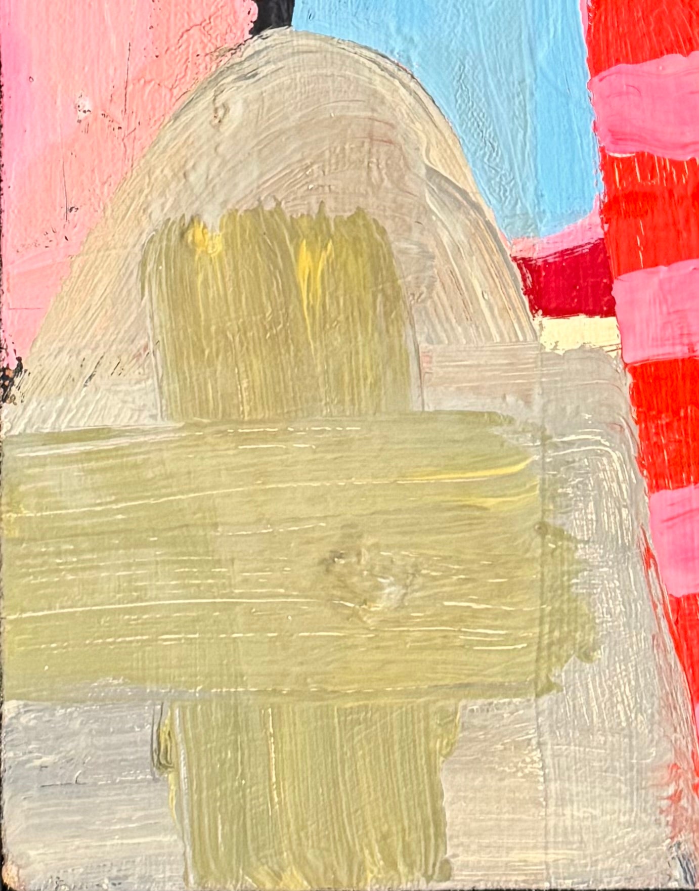 David Alysworth ‘Interfering Friends May Frown’ abstract oil painting in a brightly colored, abstract acrylic painting on canvas by depicting a landscape using thick, bold strokes of light blue, pink, orange, green, black, and brown a black wooden lacquered frame