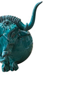 Glossy turquoise ceramic Ankole-Watusi sculpture with long, stylized horns and a nose ring.