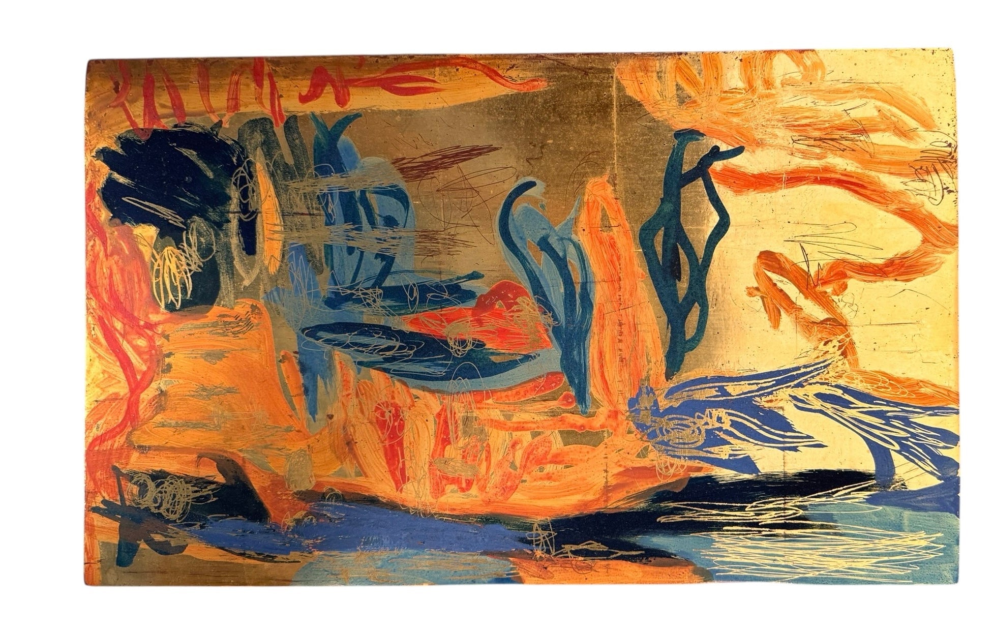 A vertical abstract painting on a shimmering gold-leaf background. The piece is filled with energetic, calligraphic scribbles and fluid shapes in vibrant orange, deep teal, and touches of red. The brushwork varies from thick, opaque strokes to thin, wiry lines that dance across the reflective surface. The composition feels organic and chaotic, like a dense thicket or a fire.