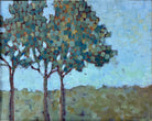 An oil painting by Laura Jacobson featuring three stylized trees with green and brown leaves in a field.