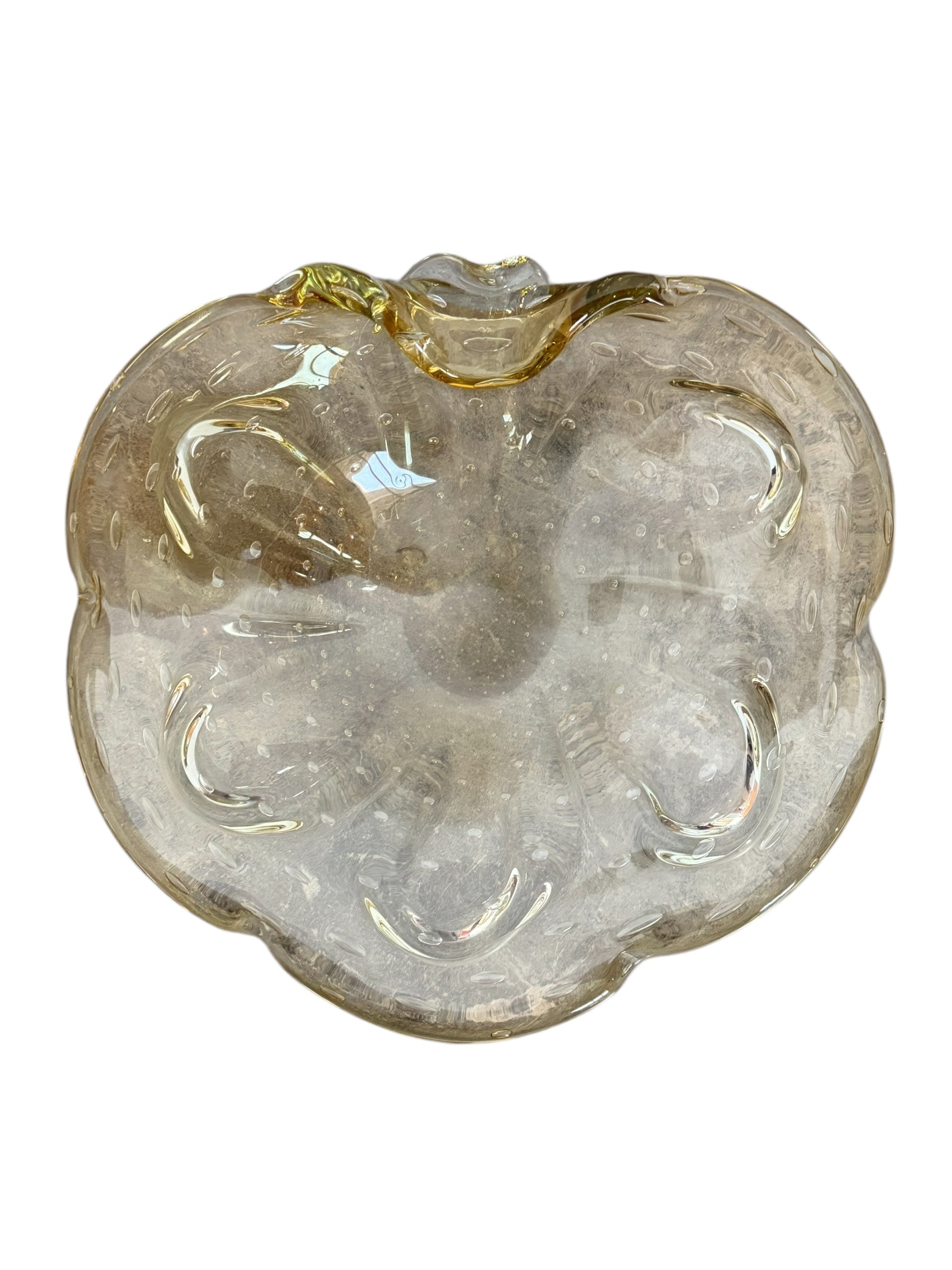 Scalloped amber yellow art glass ashtray with controlled bubbles