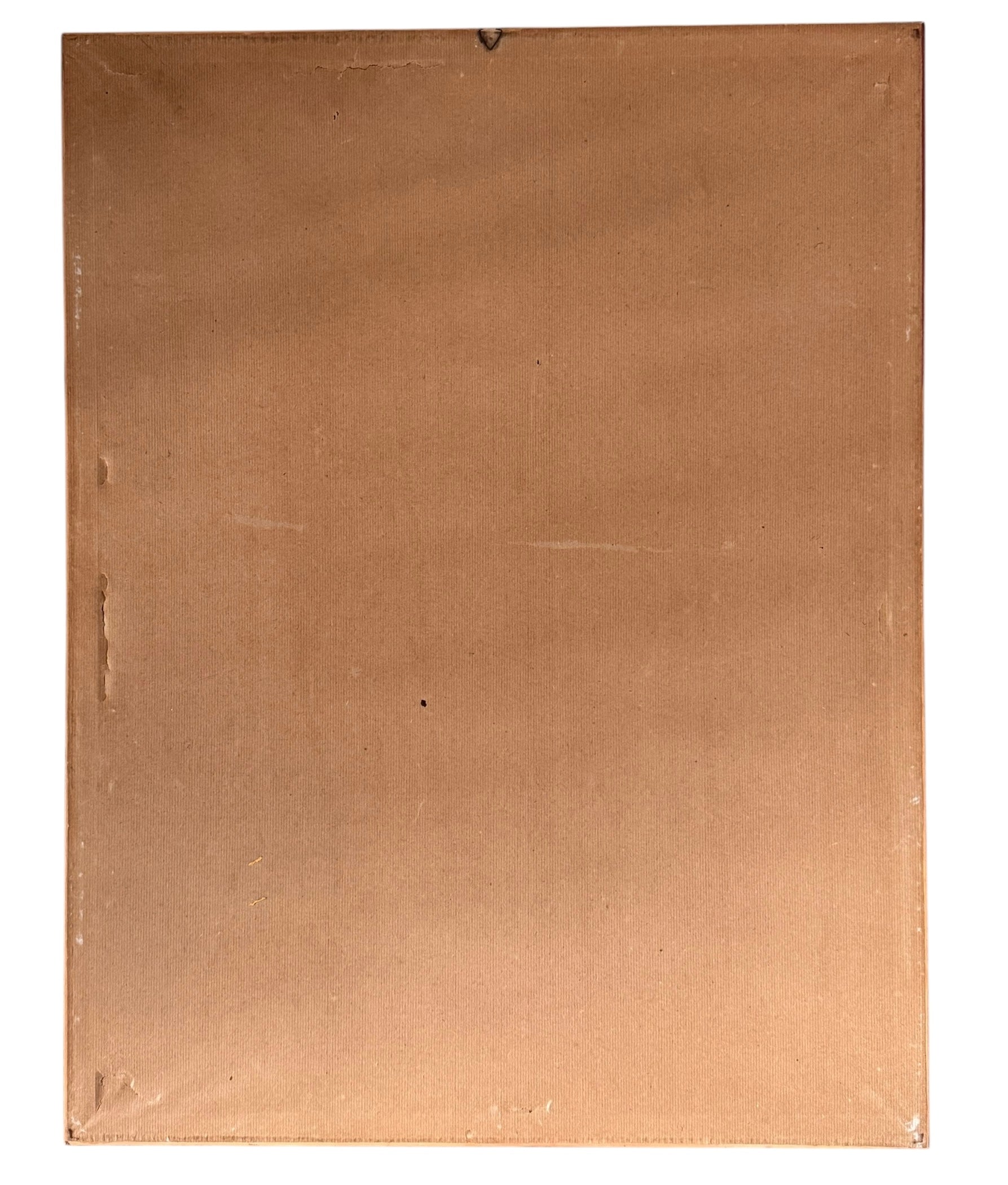 A pop art style image featuring a man in a hat and suit, an easel with art supplies including paintbrushes in a pot, and a sign in the background that reads "BARNUM & BAILEY" by Ugo Nespolo. The artwork uses a collage-like composition with geometric shapes and bold colors.