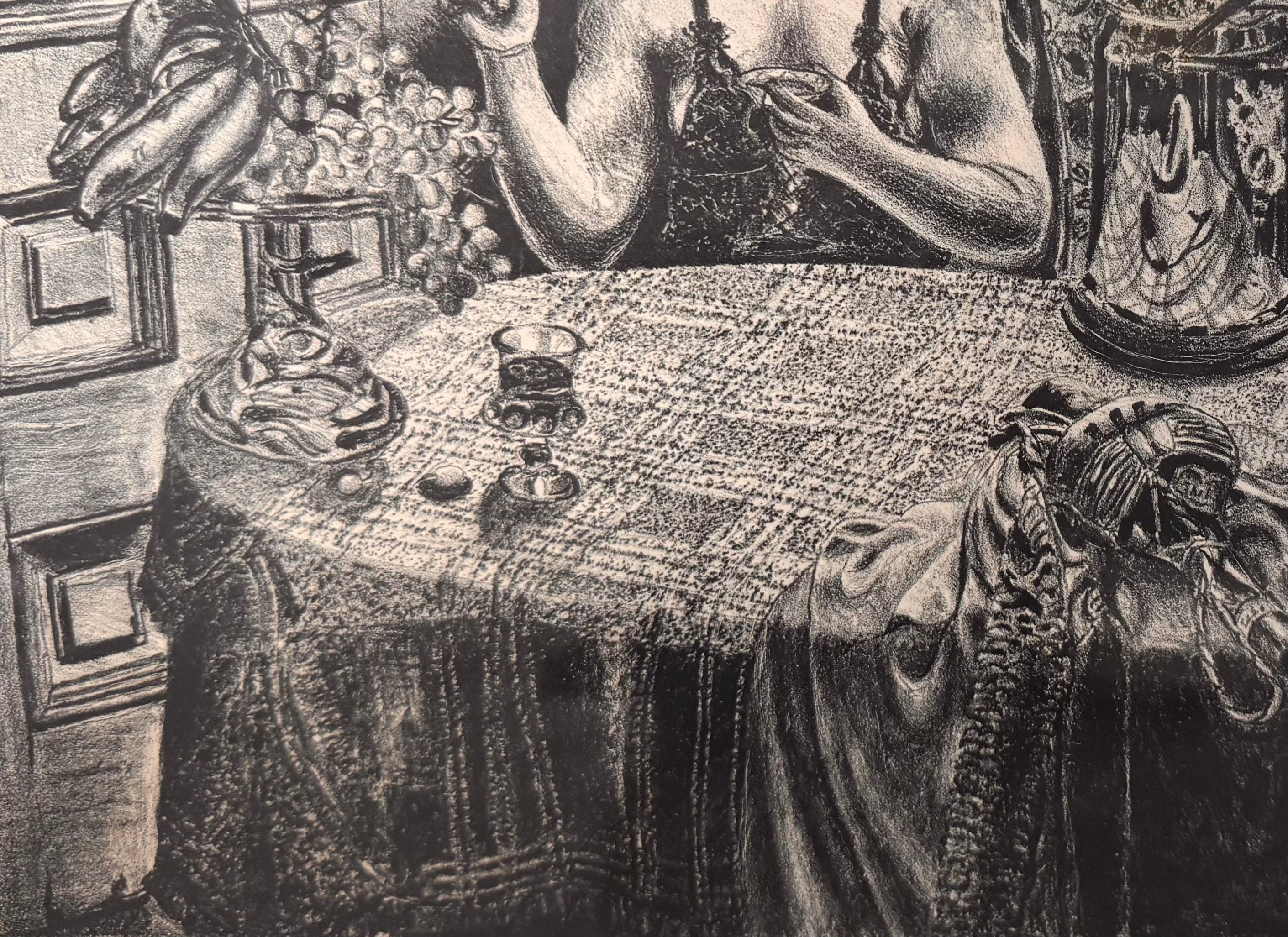 A black-and-white lithograph titled Victoria by the artist Zsissly. A woman with a veil over her dark hair sits directly facing the viewer behind a highly detailed, round dining table crowded with objects. Every inch of the scene is densely textured, depicting a bowl of bananas and grapes, an ice bucket with wine bottles, crystal glassware, a decanter, and a patterned lace tablecloth. The background features intricate floral wallpaper, a paneled door, and heavy drapes. The style is eerie and densely shaded 