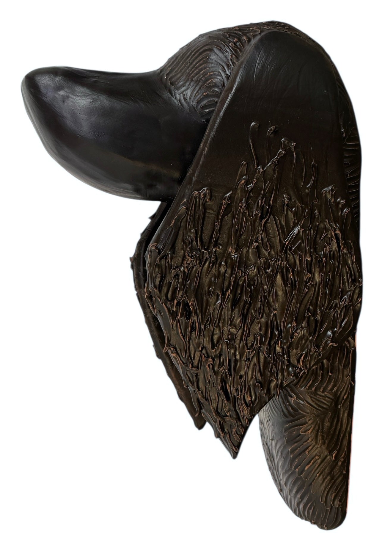 A dark, chocolate-brown ceramic sculpture by Enza Fasano depicting the stylized head of a hunting dog, such as a pointer or hound. The piece features a smooth, elongated snout and large, floppy ears with a textured, feathery finish that contrasts with the sleek crown of the head. The minimalist design emphasizes the dog's elegant profile and long neck.