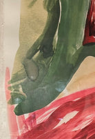 An abstract watercolor painting featuring a central red conical shape framed by large green arches, with a horizontal red wash at the bottom.