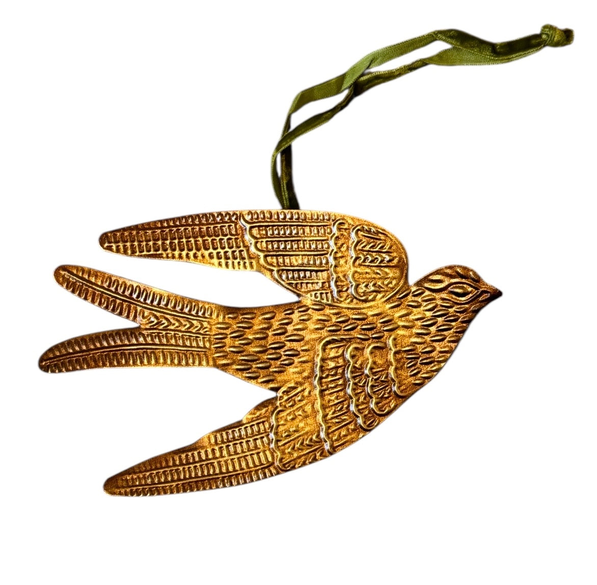 mage of a vintage-style, gilded tin bird with embossed feather detailing. A green velvet ribbon is attached. Front and back views shown.