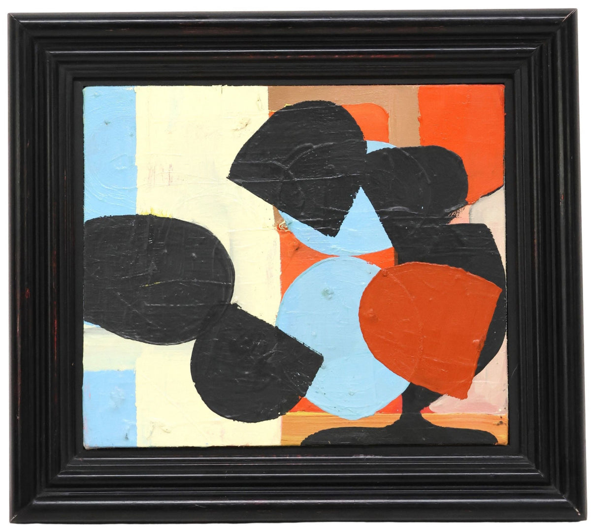 An abstract oil painting titled "Blue Danube Blues" by David Alysworth, featuring large black organic shapes layered over a background of light blue, cream, orange, and brown rectangular and circular forms with a black wooden lacquered frame.