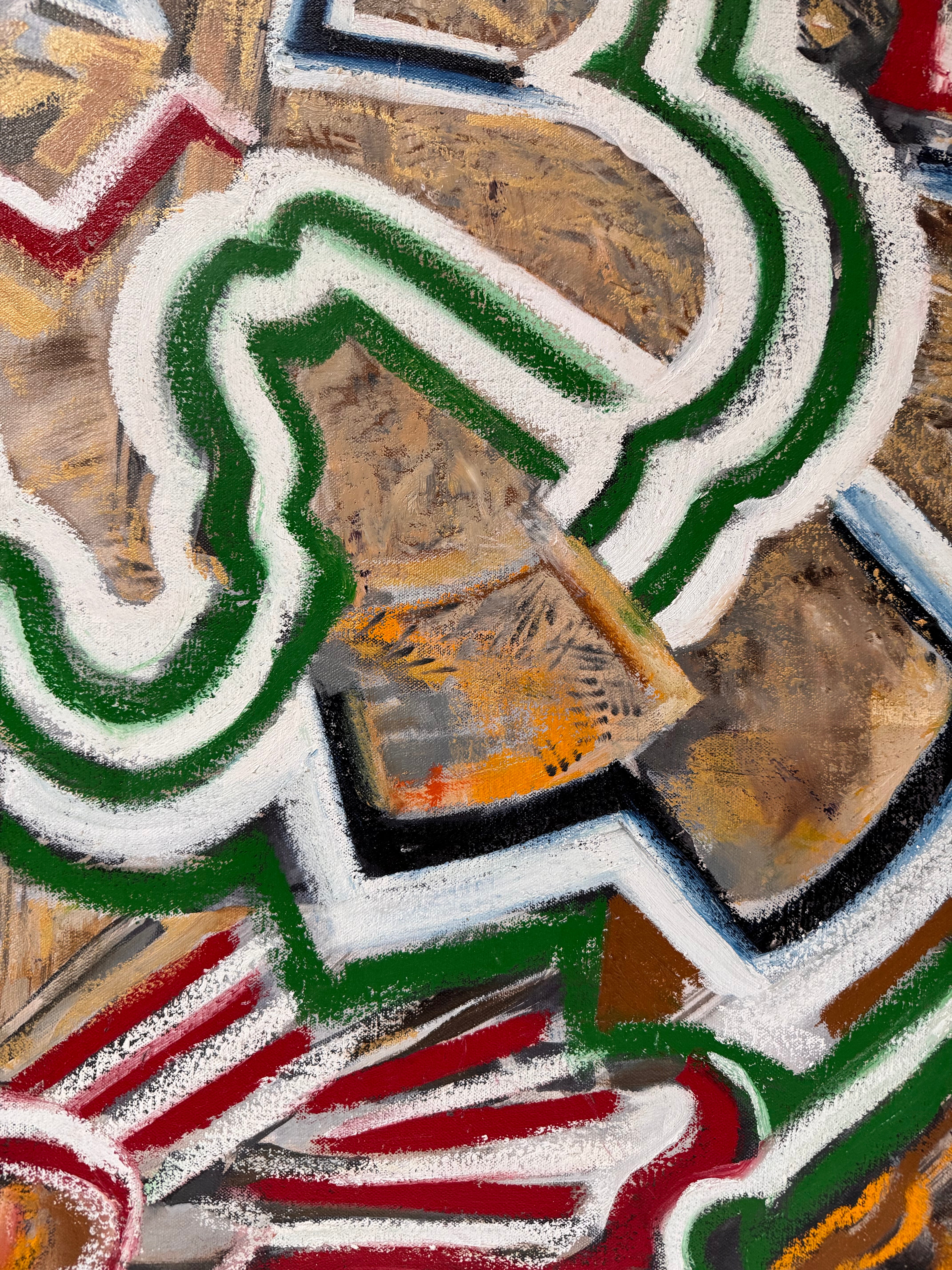 A close-up, angled view of an abstract oil painting titled 'Topography' by Robert Wymer. The painting's edge reveals thick, textured swirls of brown, gold, red, green, and white paint. It is framed in a natural light-brown teak wood frame, with a visible corner joint where two pieces of wood meet