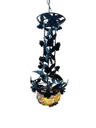 Toleware Lighting Fixtures, Chandelier, Vine shape, glass floral accents, metal, multicolored frosted glass, tole light