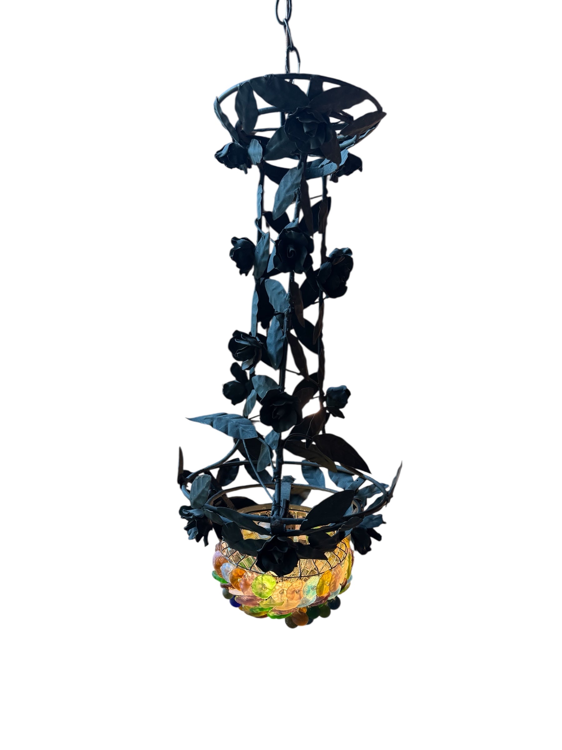 Toleware Lighting Fixtures, Chandelier, Vine shape, glass floral accents, metal, multicolored frosted glass, tole light