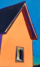 A vibrant, modern painting of a house with a purple side and an orange side with a window under a bright blue sky with a single moon by Elizabeth Payne titled “House in Moonlight”.
