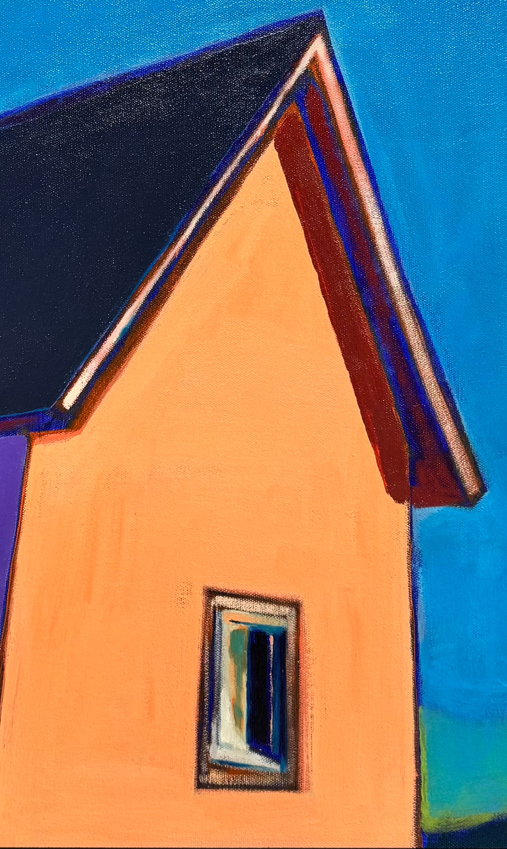 A vibrant, modern painting of a house with a purple side and an orange side with a window under a bright blue sky with a single moon by Elizabeth Payne titled “House in Moonlight”.