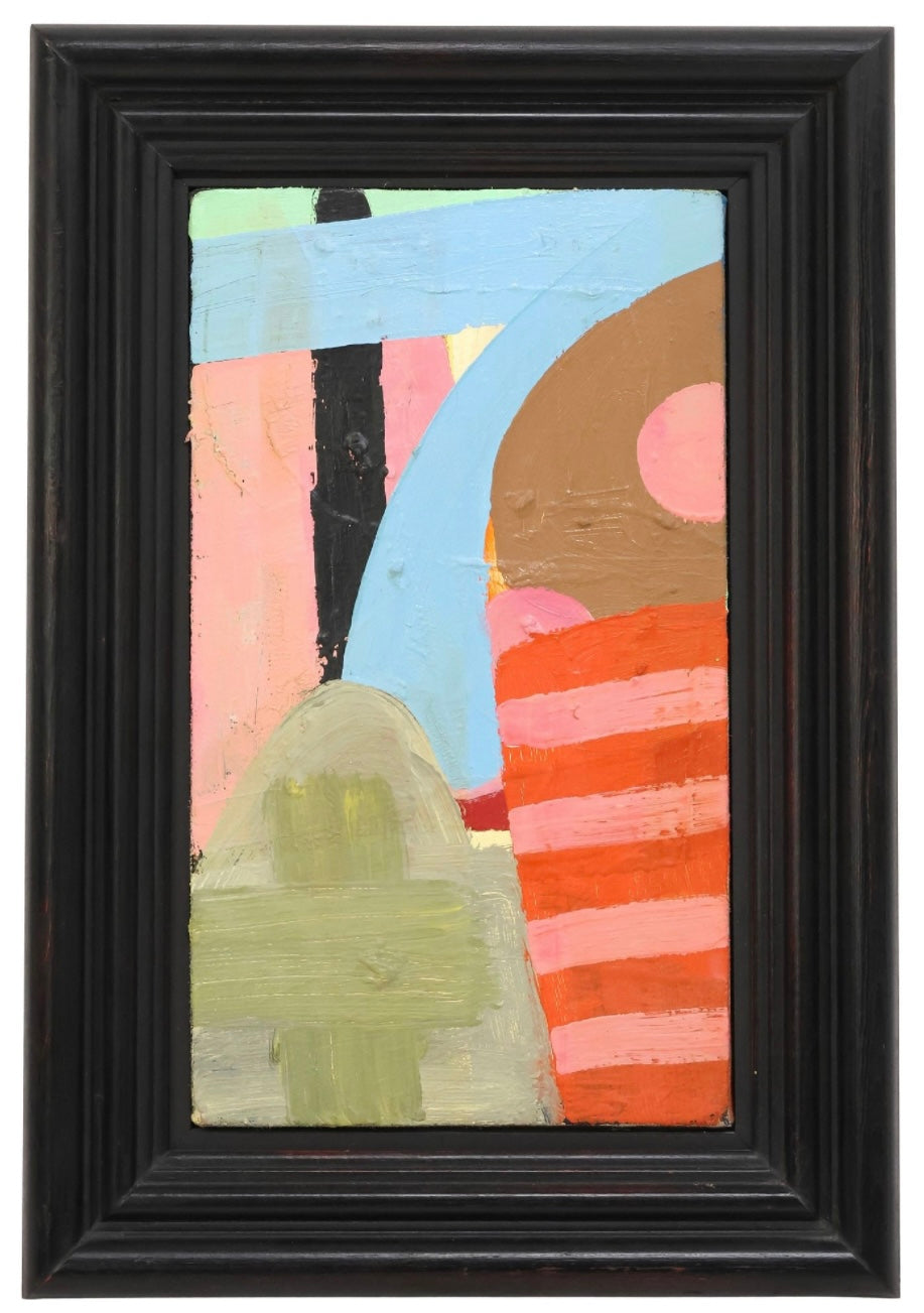 David Alysworth ‘Interfering Friends May Frown’ abstract oil painting in a brightly colored, abstract acrylic painting on canvas by depicting a landscape using thick, bold strokes of light blue, pink, orange, green, black, and brown a black wooden lacquered frame