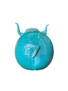Glossy turquoise ceramic Ankole-Watusi sculpture with long, stylized horns and a nose ring.