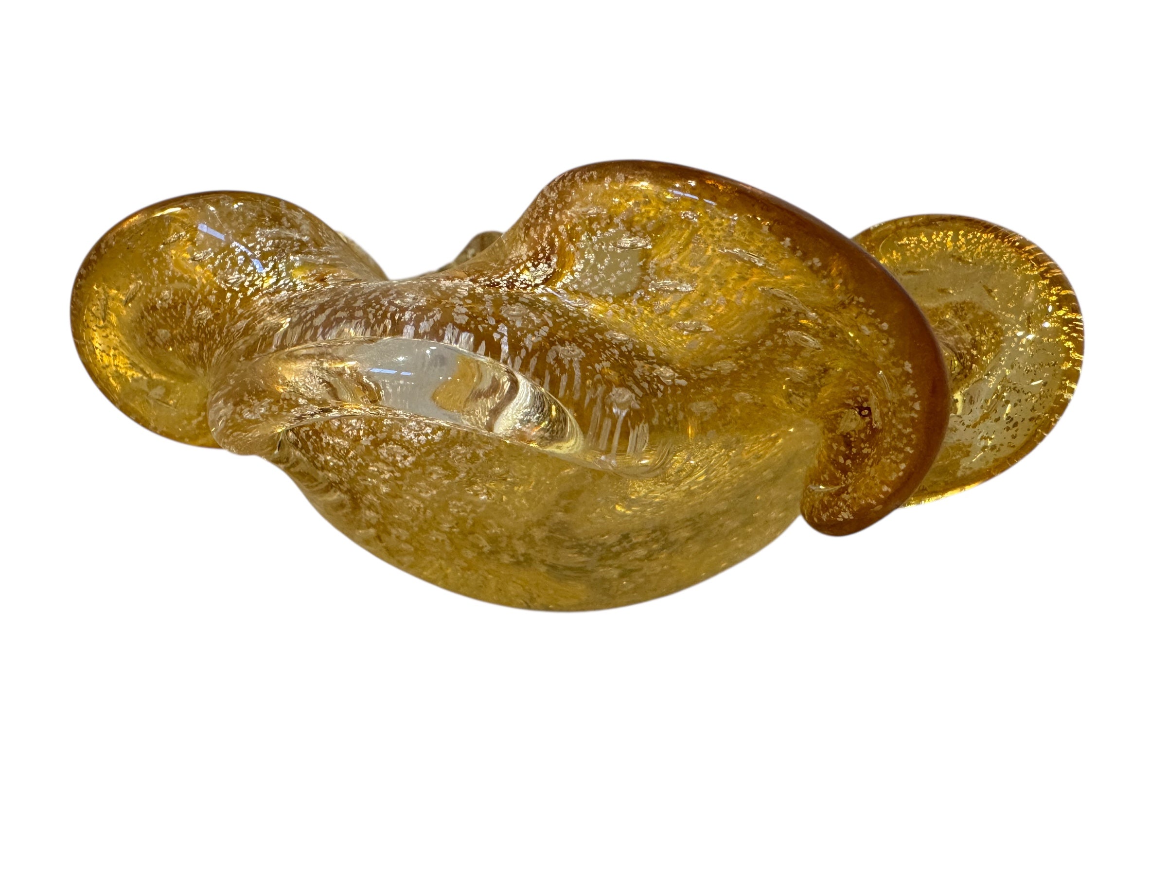 A  vintage Italian Murano glass bowl with a yellow hue, gold Aventurine inclusions, and a bubbly (Bullicante) texture. The bowl is flower-shaped with crimped edge
