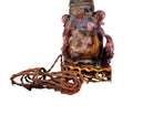 An antique Chinese table lamp featuring a base hand-carved from deep purple amethyst stone, topped with a clear quartz crystal neck. The lamp sits on an ornate, custom gilt-bronze Chinoiserie base and features a flared, cream-colored silk lampshade still enclosed in protective plastic. A rectangular brass finial sits at the very top.