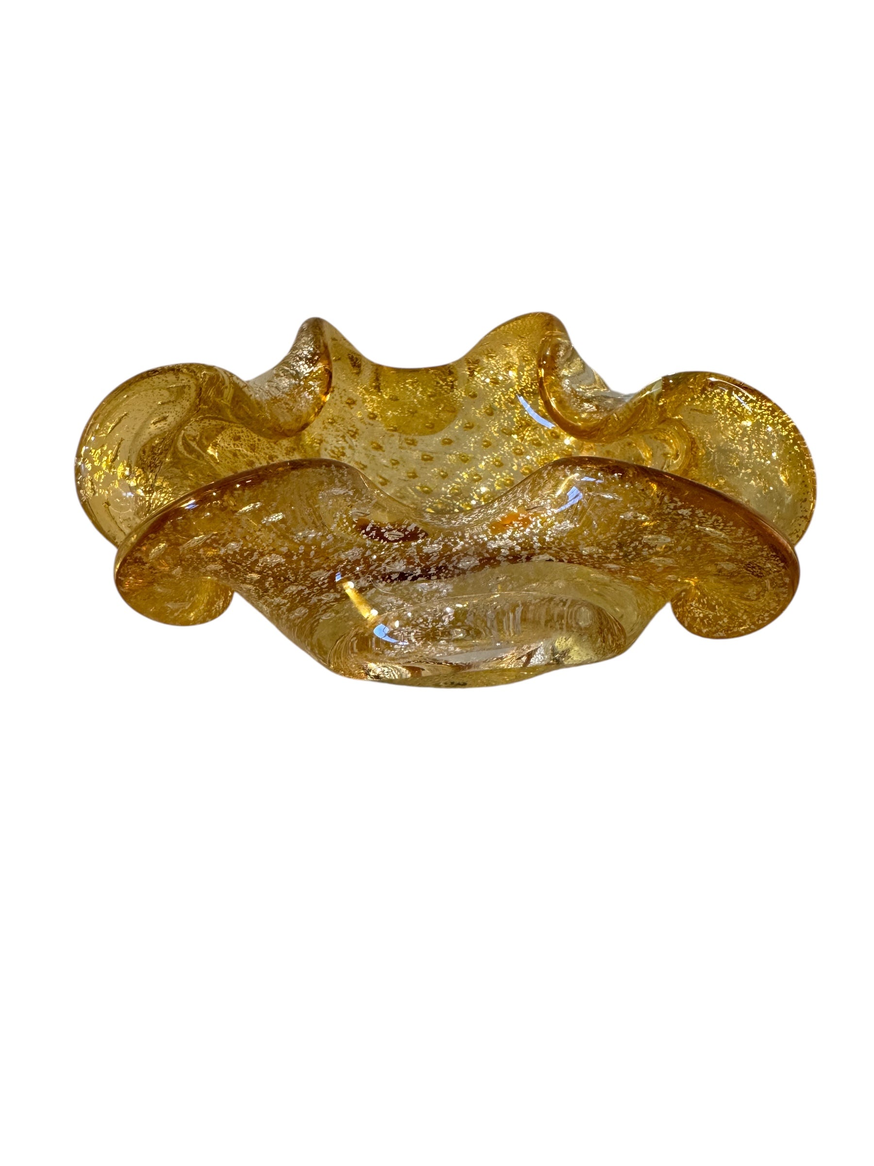 A  vintage Italian Murano glass bowl with a yellow hue, gold Aventurine inclusions, and a bubbly (Bullicante) texture. The bowl is flower-shaped with crimped edge