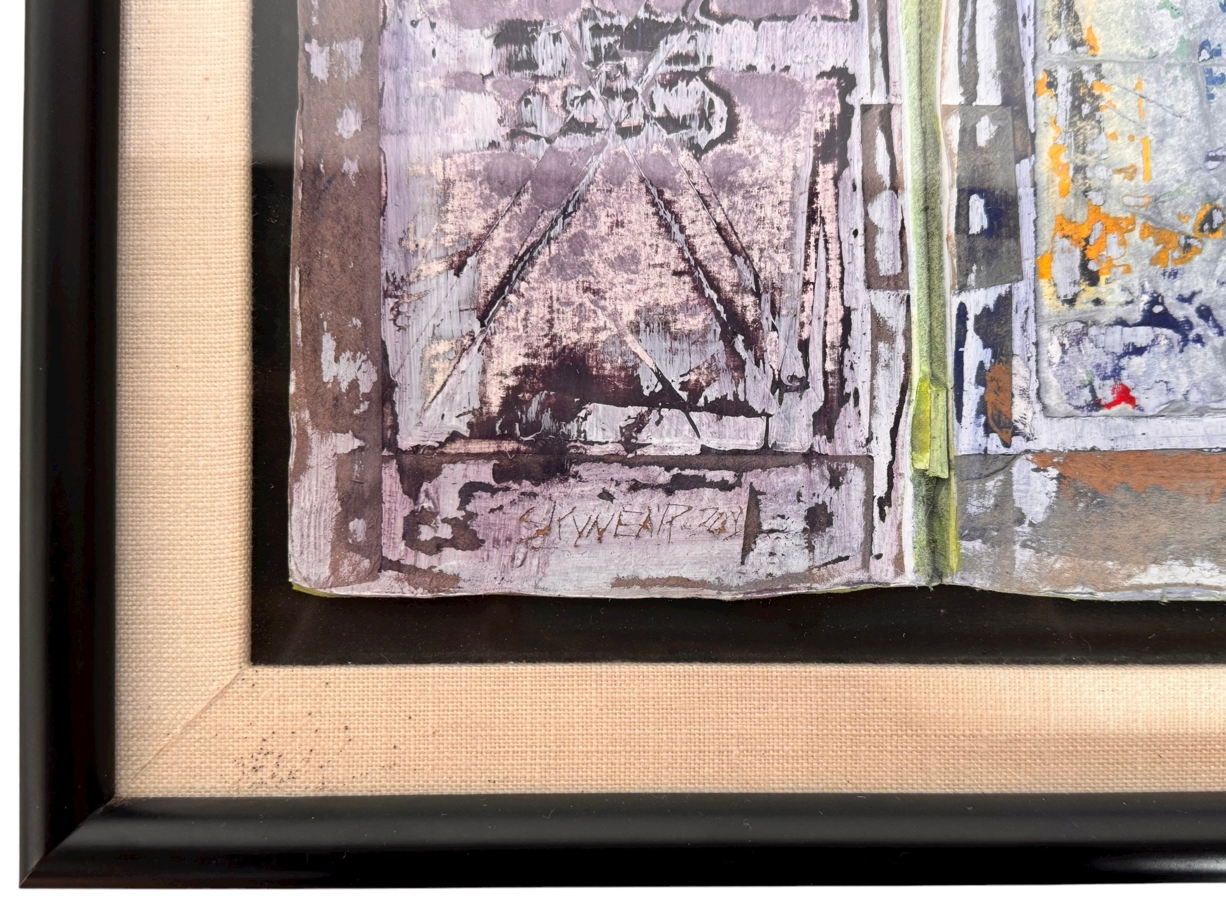 Framed mixed media artwork, 'No. 5' by Sherwin Skynear, 2000. Features abstract textured panels resembling an open book with a gray, white, and subtle colored palette.