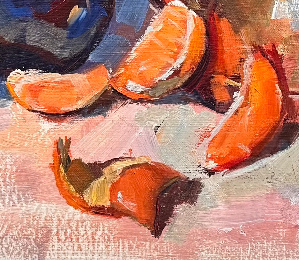 An oil painting still life featuring a copper teapot with a wooden handle, a blue glass vase, a red apple, a whole orange, and several orange slices, all arranged on a white tablecloth against a blurred purple and green background. The artist's signature "B. Willamson 2019" is visible in the bottom right corner.