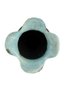 An ornate, dark glazed ceramic Art Nouveau vase with two handles and raised floral designs in yellow, purple, and green.