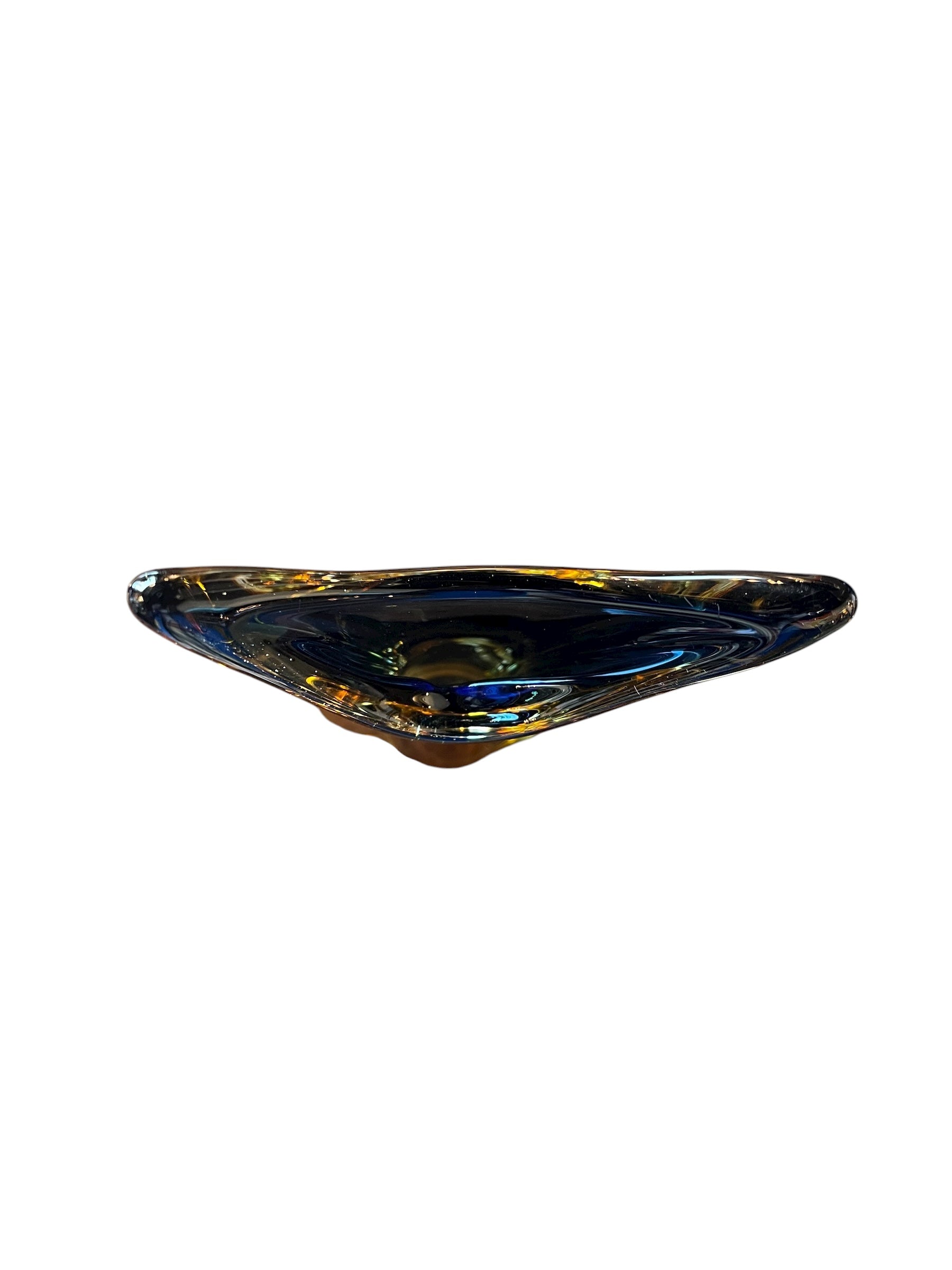 Sculptural art glass vase in the Sommerso style, featuring blue and amber colors encased in a clear glass layer. The vase has a vintage mid-century modern design