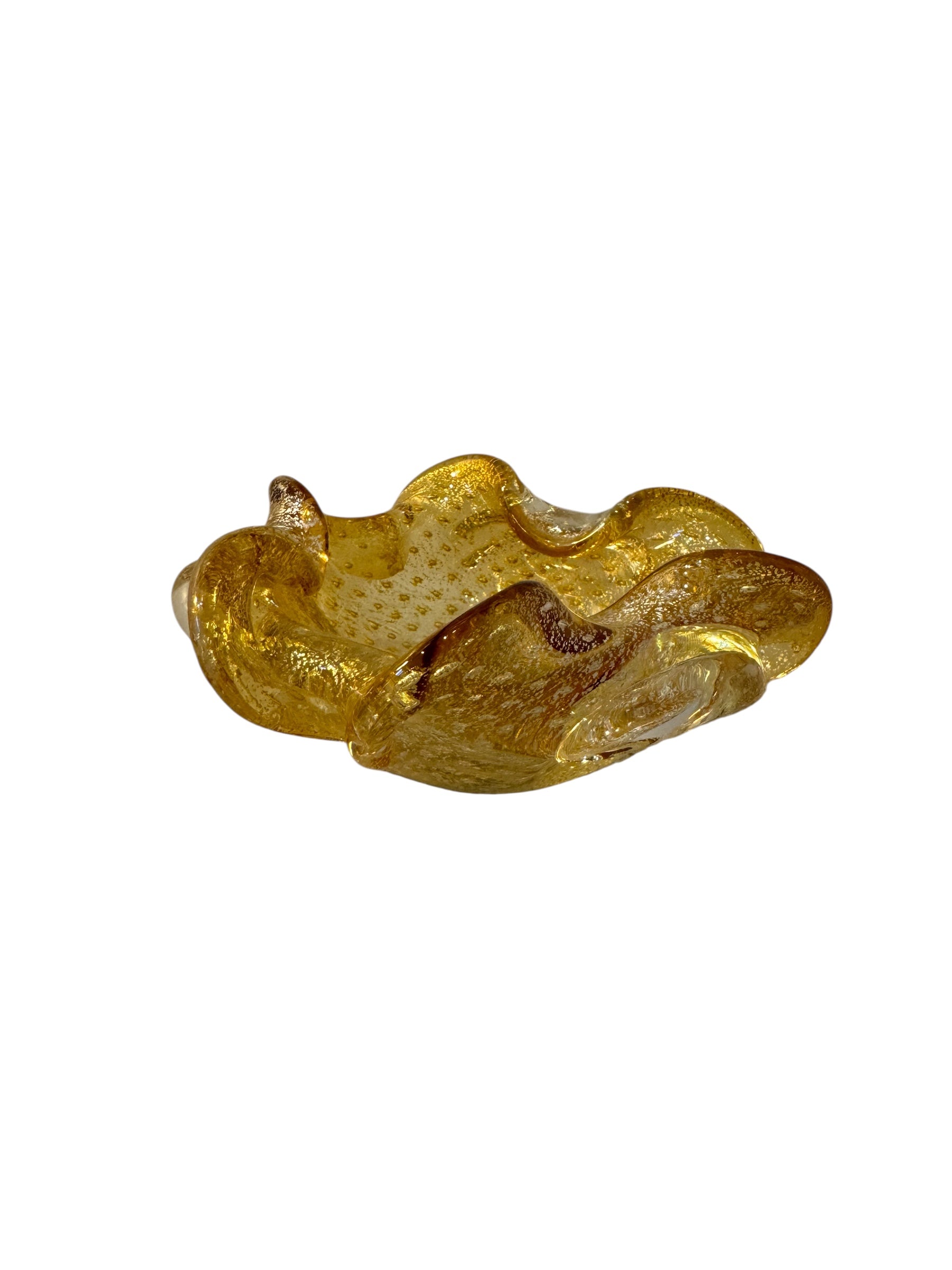A  vintage Italian Murano glass bowl with a yellow hue, gold Aventurine inclusions, and a bubbly (Bullicante) texture. The bowl is flower-shaped with crimped edge