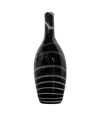 A sleek, hand-blown Polish art glass vase featuring a tall, slender neck that flares into a rounded, bulbous body. The vase is made of opaque black glass decorated with a continuous white spiral ribbon that winds around the entire piece from base to rim. The high-gloss, reflective surface creates sharp highlights, emphasizing its smooth, sculptural silhouette against a plain white background.
