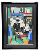A pop art style image featuring a man in a hat and suit, an easel with art supplies including paintbrushes in a pot, and a sign in the background that reads "BARNUM & BAILEY" by Ugo Nespolo. The artwork uses a collage-like composition with geometric shapes and bold colors.