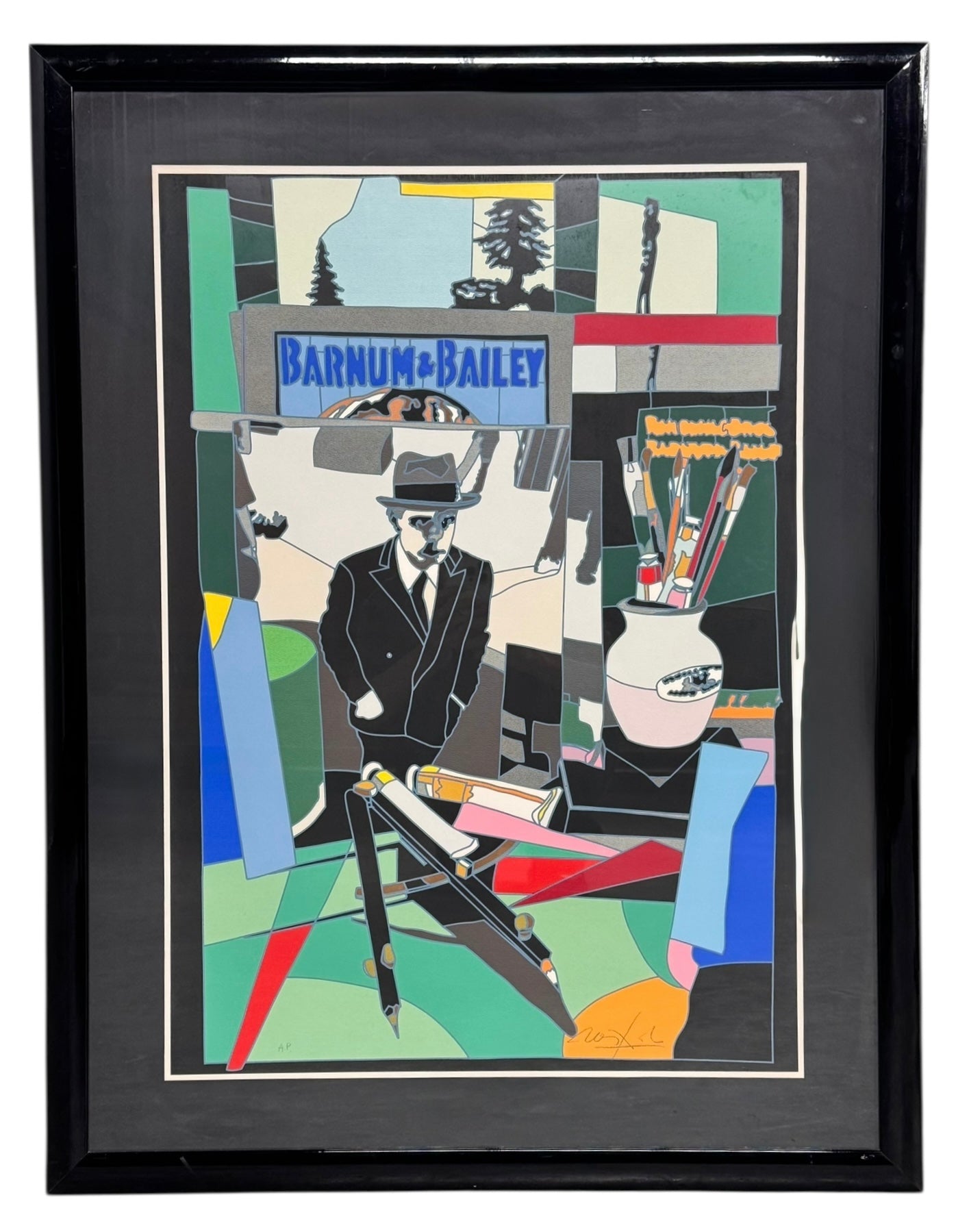 A pop art style image featuring a man in a hat and suit, an easel with art supplies including paintbrushes in a pot, and a sign in the background that reads "BARNUM & BAILEY" by Ugo Nespolo. The artwork uses a collage-like composition with geometric shapes and bold colors.