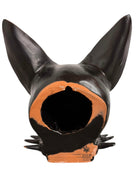 A smooth, dark black-colored ceramic sculpture of a Miniature Pinscher's head. The stylized dog features large, upright pointed ears and a prominent spiked collar around its neck. The surface has a soft sheen, with minimalist indentations for eyes and a rounded snout, creating a sleek and modern aesthetic.