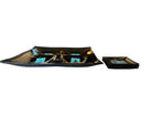 Mid Century Hostess Set, Black, Gold, Turquoise, James Mont Style, Smoked Glass, Etched 24kt Gold, coaster, trinket dish, hostess set, mid-century, geometric pattern